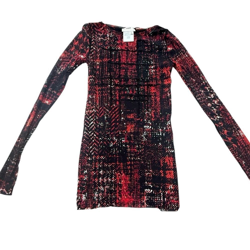 Fuzzi red black abstract plaid bodycon semi sheer stretch dress size large NWT